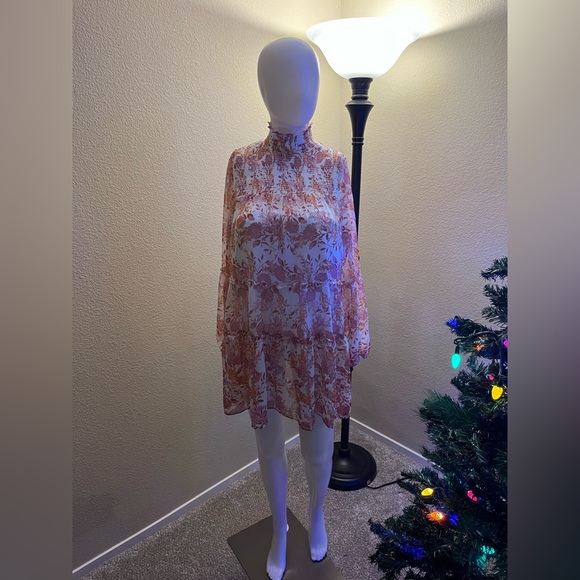 trixxi chiffon dress ivory pink floral mock turtle neck dress junior size M - Picture 4 of 5